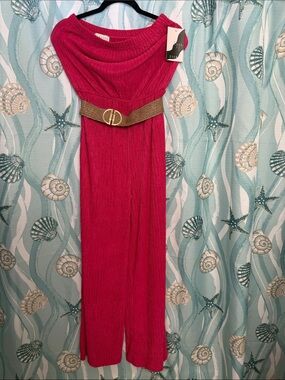 Fuchsia Off-Shoulder Jumpsuit with Gold Accent Belt